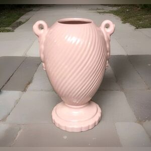 Vintage Haeger USA Pottery Pink Swirl Vase With Swan Handles 8.5" Tall